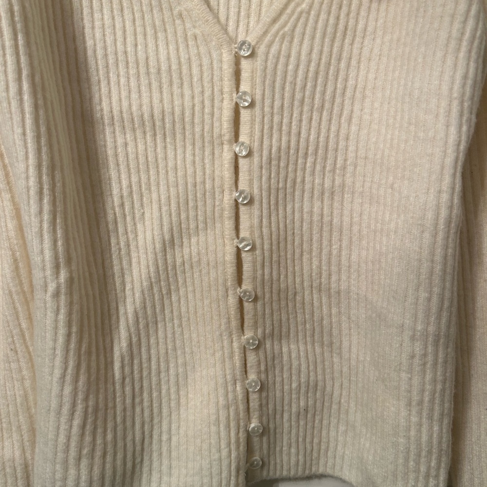 Cream Ribbed V-Neck Button-Front Women's Sweater - Picture 2 of 3